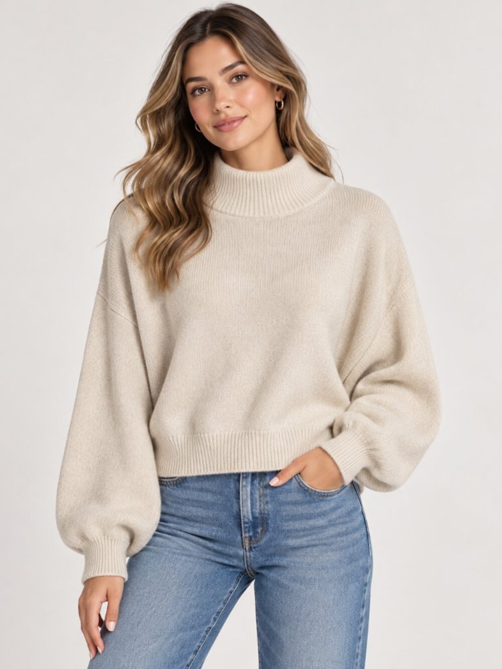 Wilfred Free Sz L Cream Boxy Cropped Mock Neck Sweater Cozy Minimalist Knit Top